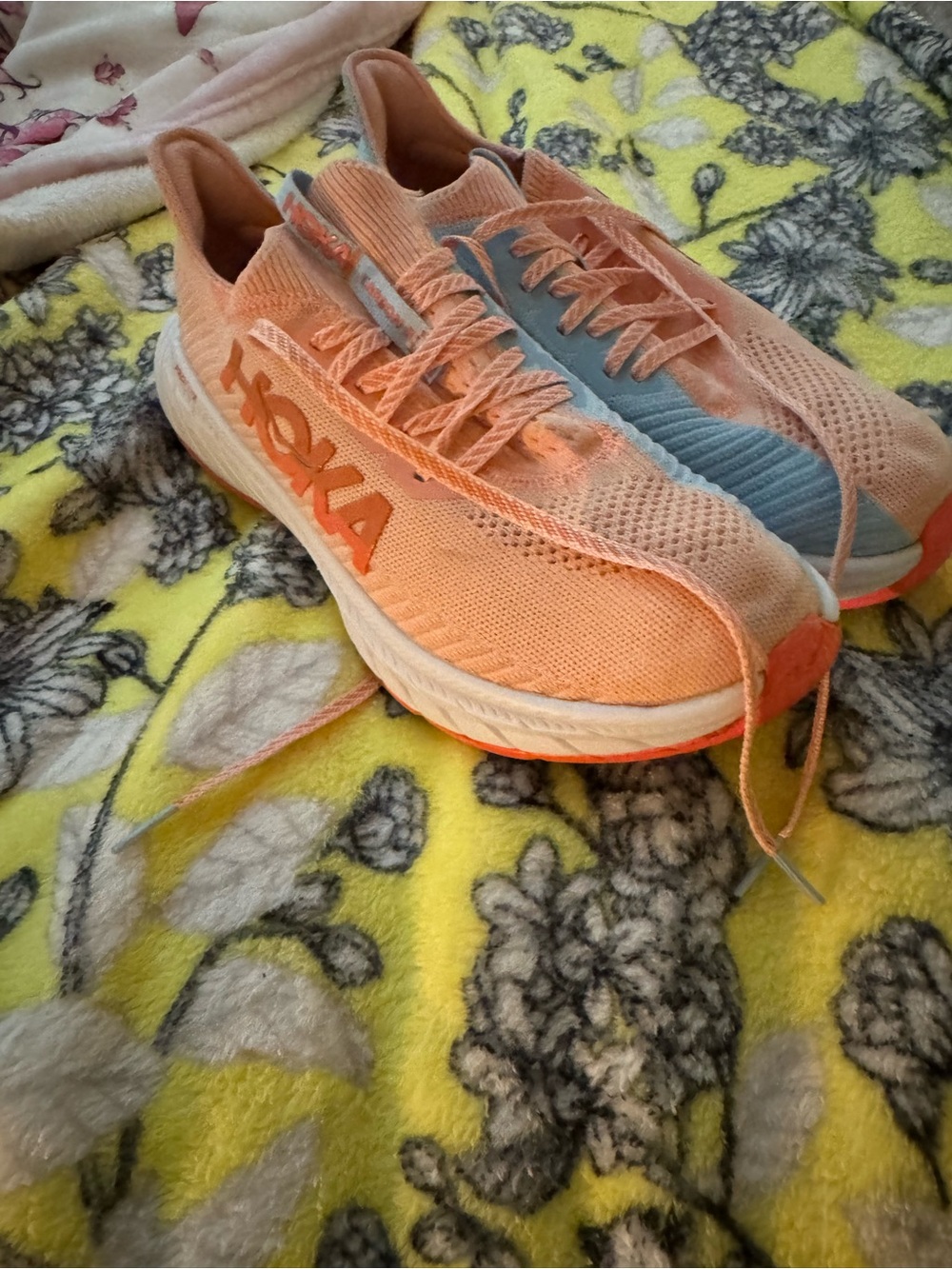 Hoka Peach and Light Blue Lace-Up Running Sneakers